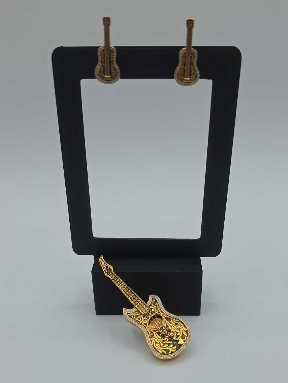 Damascene Gold Guitar Brooch And Clip-on Earrings Floral Filigree Vintage